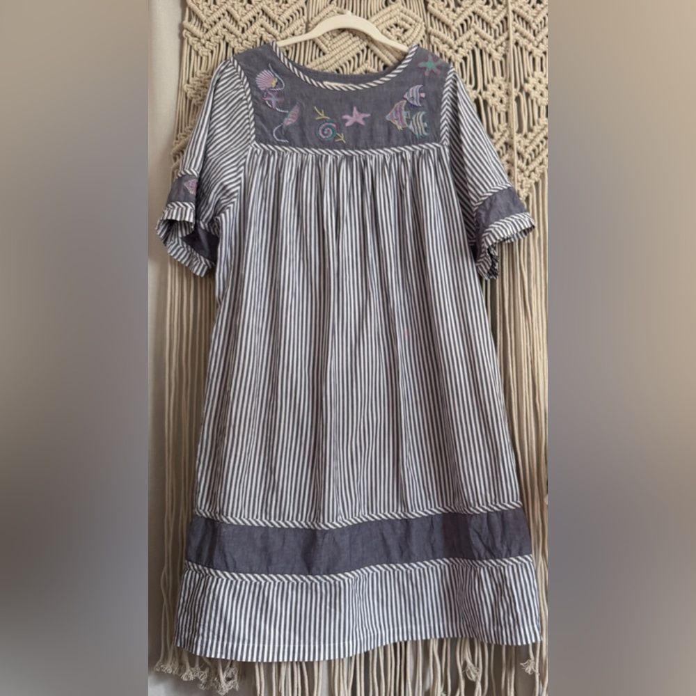 Vintage Bechamel Embroidered Cotton Dress – Sea Tones – Size Large